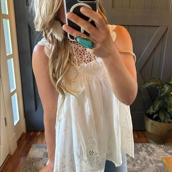 New Womens White Eyelet Layering Lace Sleeveless Tank Top Baby Doll Blouse Shirt - Picture 3 of 10
